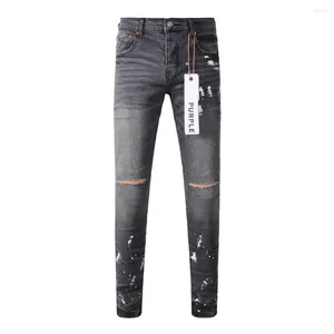 Мужские джинсы 2023, фиолетовые фирменные краски с граффити, облегающие потертые, поврежденные, узкие черные джинсовые брюки с дырками