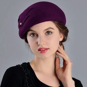 French Berets Caps For Women Fashion 100 Wool Felt Fedora Hat Winter Blue Purple Red Church Female Vintage Cloche Hats 231226