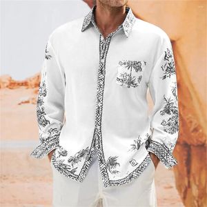 Camisas casuais masculinas Mens Imprimir manga comprida solta blusa contrastante botão para baixo festa t vestido de camisa de porcelana azul e branca