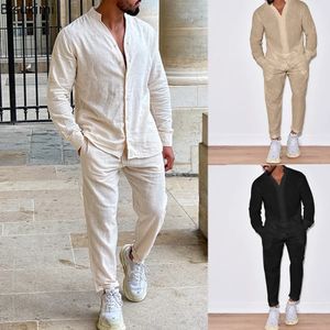 Casual manches longues chemise et pantalons ensembles hommes solide coton lin hauts loisirs t-shirts pantalons costume ensembles mode survêtement mâle 231226