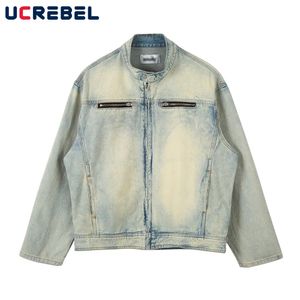 Washed Distressed Denim Jacket Mens Streetwear Zipper Decoration Pocket Spliced Stand Collar Long Sleeve Jeans Men 231227