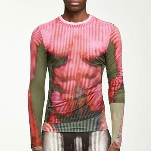 T-shirt da uomo attillata a maniche lunghe sexy Top streetwear con stampa a righe O collo T-shirt elasticizzata per magliette grafiche da ragazzo 231226