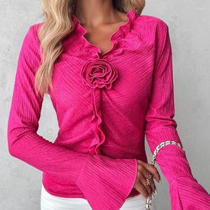 Women's Blouses 2024 Spring Summer Clothing Solid Color V-neck Long Sleeve Pleated Bottoming Shirt Bell Top