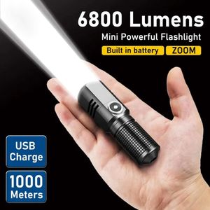 6800 Lumens Mini kraftfulla LED -ficklampa XHP50 Inbyggd batteri 3 -lägen USB -uppladdningsbar Flash Light EDC Torch Lamp Flashlight