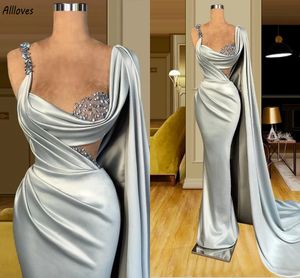 Sage Modern Satin Mermaid Prom Dresses With Shoulder Wraps Straps Rhinestones Beaded Formal Evening Gowns Arabic Aso Ebi Women Second Reception Party Wear CL3120