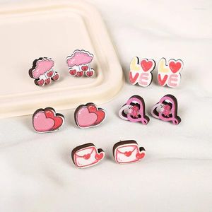 Stud Earrings Colorful Cartoon Cloud Heart Shaped For Women Girls Sweet Handmade Wooden Metal Geometric Jewelry Gifts