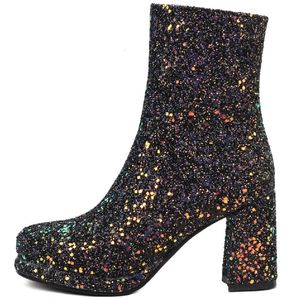 Luxury Sequined Women Ankle Boots Gold Silver Block Heels Kort stövel Kvinnlig dragkedja Autumn Winter Party Shoes Lagen STOR STORLEK 231226