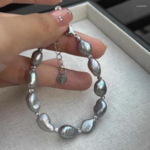 Strand Allme utsökta 7-8mm grå färg barock sötvatten pärla pärlband armband för kvinnor silverpläterade koppararmband