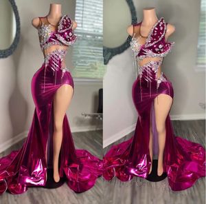 Prom Fuchsia Mermaid Formal Dress for African Women 2024 Blowly Crystal Beade Sexy Slit Vestidos de Festa Evening Suknia Czarna dziewczyna