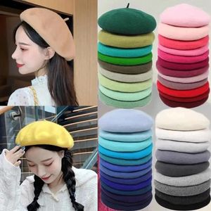 Berets Solid Color No Logo Women Winter Warm Elegant Wool Hat Retro Plain Soft Brim Round Top Female Autumn Casual Caps Adult