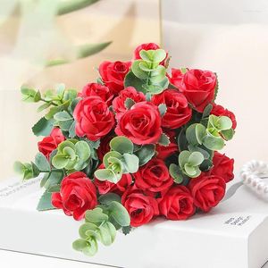 Decorative Flowers 10heads Artificial Rose Eucalyptus Leaves Bouquets Bridal Wedding Home Decorations Flower Spring Room Decor Fake