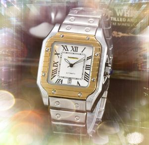 Popular Mens Square Roman Tank Dial Watches Premium Fine Stainless Steel Belt Clock Quartz Movement Chronograph Vintage Auto Date Cool Wristwatch Gifts