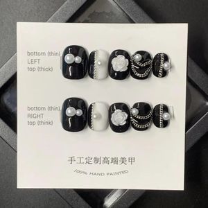 Handmade Black Press on Nails Short Korean Design Reusable Adhesive False Acrylic Full Cover Nail Tips Artificial Manicure 231226