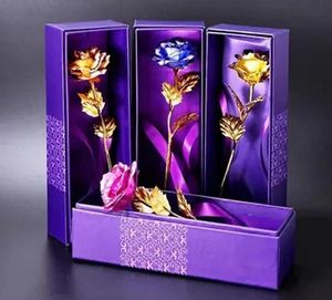 Lieferungen Überzogene 24K goldene Rose Blume Valentinstag Geburtstagsgeschenk Braut Hochzeitsstrauß Gold Blau Rot mit lila Handtasche + Box Drop Shi