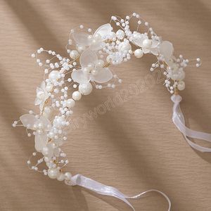 Flor hairband pérola laço-up tiaras beleza meninas acessórios de casamento vintage marrige bandana com fita nupcial jóias de cabelo