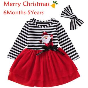 装飾幼児の女の女の子クリスマスサンタストライププリントチュール長袖ドレス+ヘッドバンドの衣装セット