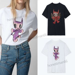 Zadig Voltaire 24SS Kadın Tasarımcı Pamuk T-Shirt Moda Yeni Zadigs Üstler ZV Mor Bebek Baskı Arka Mektup Kısa Kollu Tişört Pullu Plaj Tees