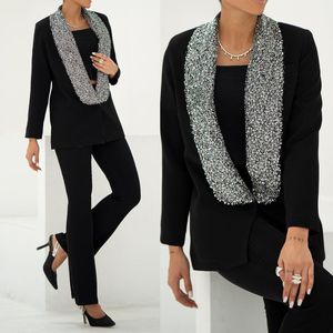 Spring Women Pants Set Black Beads Shawl Lapel Ladies Wedding Guest Party Wear 2 Piece Jacket and Byxor