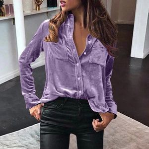 Women's Blouses Purple Velvet Shirts For Women Winter Casual Top Blouse Long Sleeve Solid Elegant Shirt Slim Pocket Streetwear Blusas