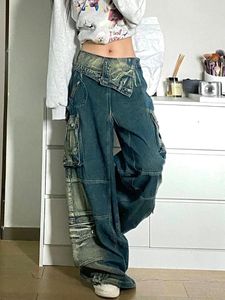 Damenjeans High Street Plus Size Vintage Washed Wide Leg Waist Streetwear Flap Design Drop Feeling Hose Baggy Cargo Damen