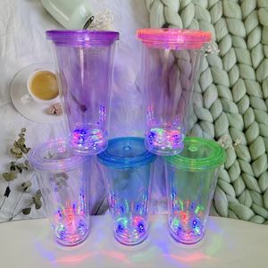 16oz Acrylic LED Light-up Flashing Tumblers with lid and Straws Snow Globe Tumbler Double Wall Clear Plastic Tumblers wholesales