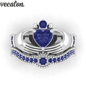 Vecalon amantes azul birthstone claddagh anel 5a zircon cz branco ouro cheio de noivado casamento anel conjunto para mulher masculino gift244r