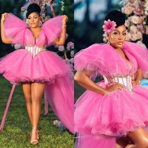 Pink 2024 Prom Dresses Ruffles عالي الحفلات منخفضة للنساء Tulle فستان سهرة خط