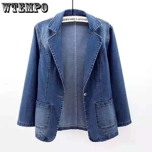 WTEMPO Women One Button Up Jean Coat Durable Plus Size Cardigan Ladies Mid Washed Denim Biker Jackets Spring Autumn Blazer 231227