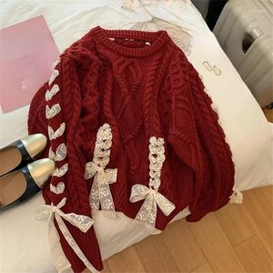 Kvinnors tröjor söta tjej rött band tröja design 2024 vår jul söt båge stickad topp kvinnor koreansk mode pullover chic