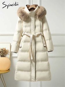 Parkas femininas Syiwidii 90 jaqueta de pato branco para mulheres outono inverno nova gola de pele com capuz casacos de manga comprida jaqueta slim de renda J231227