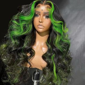 Perucas de cabelo brasileiro transparente peruca dianteira do laço 180desntiy onda do corpo destaque verde laço frontal peruca sintética para mulher