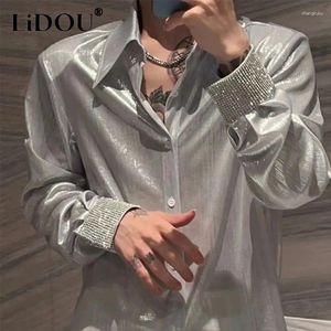 Camisas casuais masculinas primavera outono cor sólida moda manga longa camisa homem high street botão cardigan homens estilo coreano diamantes tops