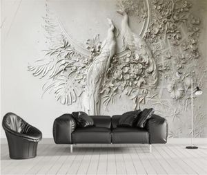 Mural Niestandardowa tapeta 3D Solid malowidła ścienne wytłoczone pawie Sofa Mural Sofa Malowanie Ściana Malowanie salonu Sypialnia 3D Tapeta 6744110