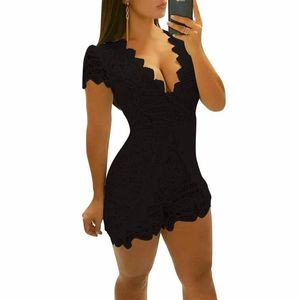 Rompers Hollow Out Lace Playsuit Sexy V Neck Short Sleeve Slim Summer Overalls For Women Combishort Femme Ete Body Suit Ez*