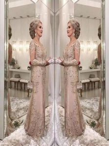 2018 Luxury Mother of the Bride Dresses v Neck Maniche lunghe maniche a cristallo Applique in pizzo sirena plus size feste sette per il matrimonio G7178797