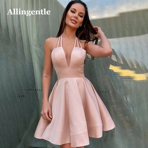 Allingentle Pink Satin Homecoming Dress for Women 2024 Halter V-hals Satin Short Mini Dress Princess Prom Gowns Vestidos de Gala 231227