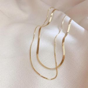 Minimalistisk dubbelskikt Women Box Chain HerringBone Chain Gold Plated Choker Halsband Korean Fashion Blade Halsband2404