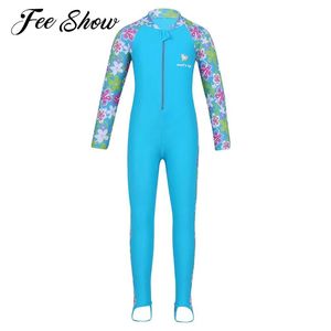 مجموعة الأطفال الفتيات Onepiece Surfing Swimsuits زهرة طباعة الأكمام الطويلة السحاب حتى حارس جلدي