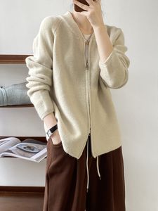 Solid Color Round Neck dragkedja stickad Cardigan Women's Sweater Jacket