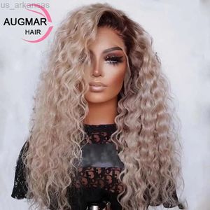 Wigs Synthetic Wigs 13x4 Deep Wave Frontal Wig Ombre Ash Blonde Curly Human Hair Wig Glueless Virgin HD Transparent 360 Lace Frontal Hu