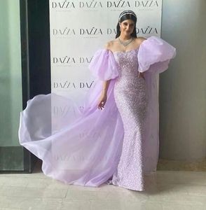 Lavender Arabic Mermaid Prom Pageant Dress 2024 Glitter Puffy Sleeve Sequins Organza Train Evening Formal Party Gowns Vestido De Gala Robe De Soiree