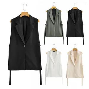 Women's Vests Women Sleeveless Waistcoat Turn-down Collar Vest Coat With Single Button Solid Color Mid Length Formal Suit