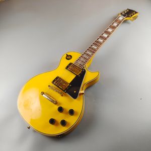 Anpassad elektrisk gitarr, gul caston gjordes gammal, gul kroppsbindning, guldtillbehör, snabb frakt