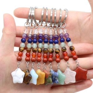 Keychains Natural Stone 7 Chakra Keychain Healing Star Pink Quartz Crystal Pendant Jewelry Key Ring Car Bag Decor Gift