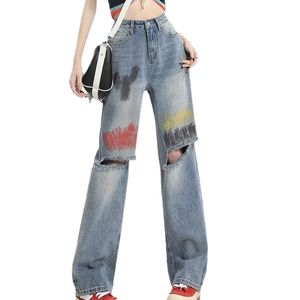 Amerikanische High Street Spicy Girl Graffiti Distressed Jeans für Damen 2023 Sommer neues Design, Hose mit weitem Bein und geradem Bein im Trend