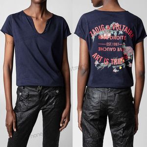 23SS Zadig & Voltaire Designer Fashion Cotton T-shirt New zadig tops Classic letters behind flower hot diamond U-neck women short-sleeved t-shirt round neck Beach Tees