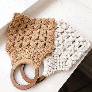 Evening Bags 2023 Spring And Summer Woven Bag Hollow Beach Wooden Handle Ring Straw Handbag Female Tote