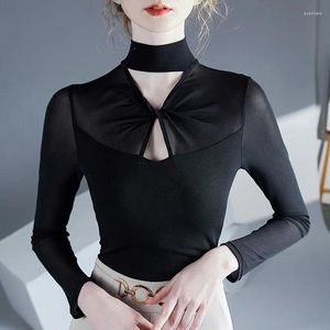 Women's T Shirts 2024 Spring Long Sleeved Turtleneck Elegant Slim Cross High Strecth Black Mesh Tops