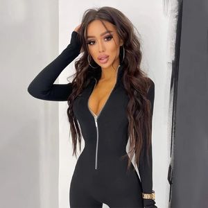 Solid tight zippered jumpsuit casual long sleeved elastic jumpsuit spring/summer set women's clothing 231227