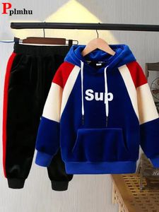 Warme Samt Sweatshirt Jungen 2 Stück Sets Herbst Winter Mit Kapuze Pullover Kinder Outfit Dicke Jogger Hosen Kinder Trainingsanzug Conjunto 231226